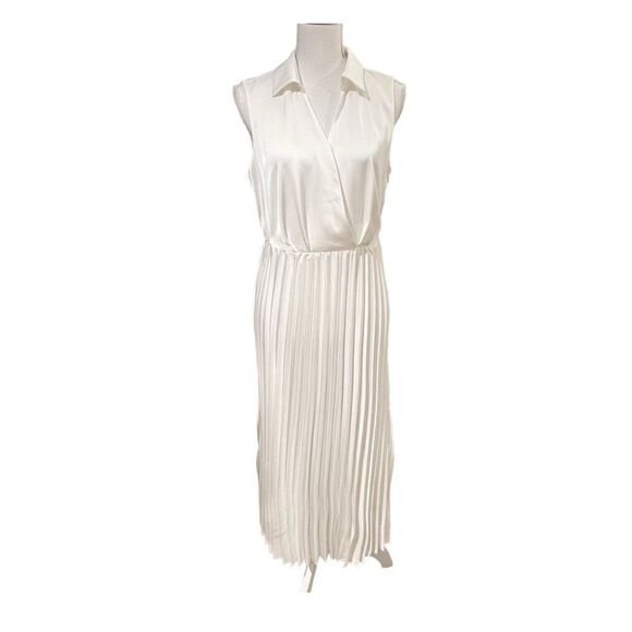 Halogen Sleeveless Pleated Midi Dress Size S Ivory Minimalist Classic Capsule - Picture 1 of 13